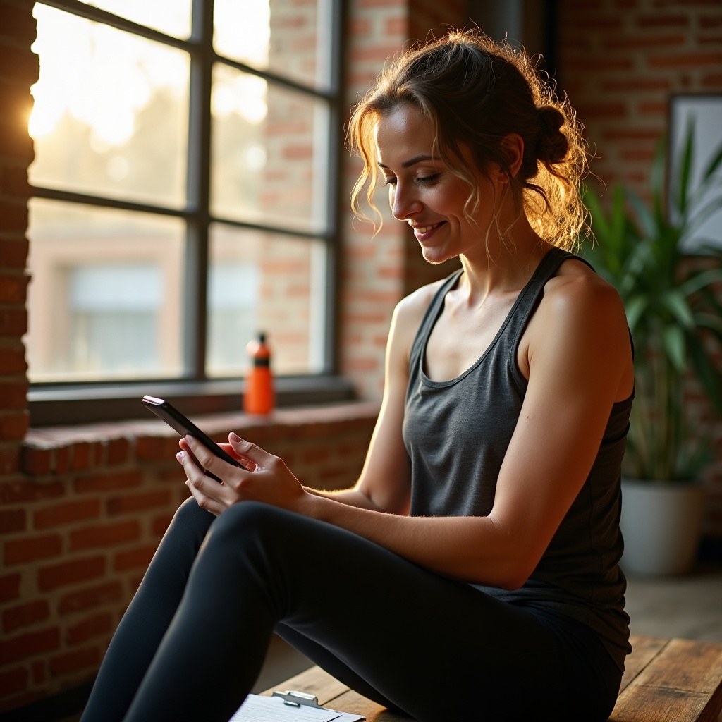 A studio owner between sessions, checking her schedule on her phone